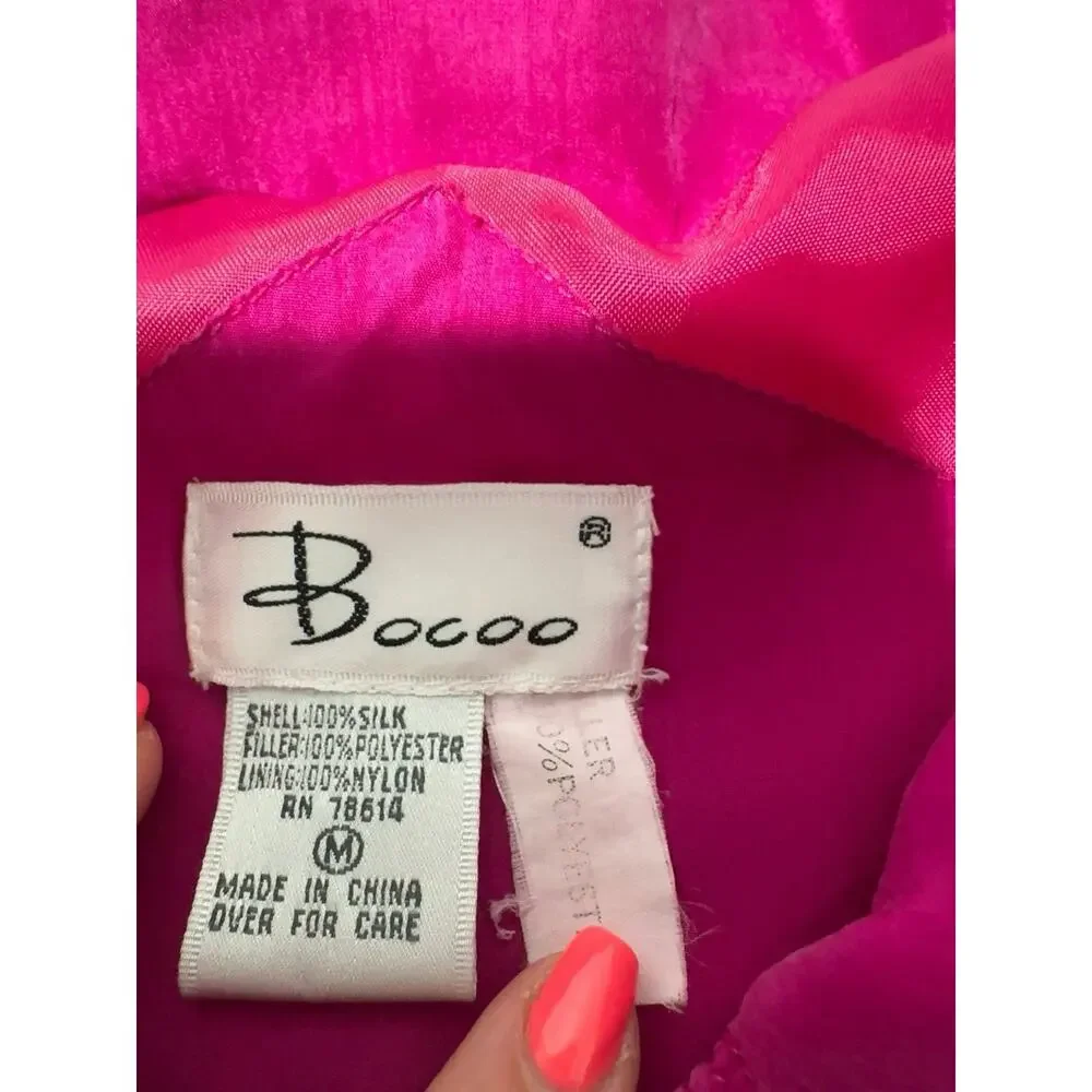 Vintage Bocoo 100% Silk Fuchsia Pink Quilted Bomber Jacket Size M Y2K